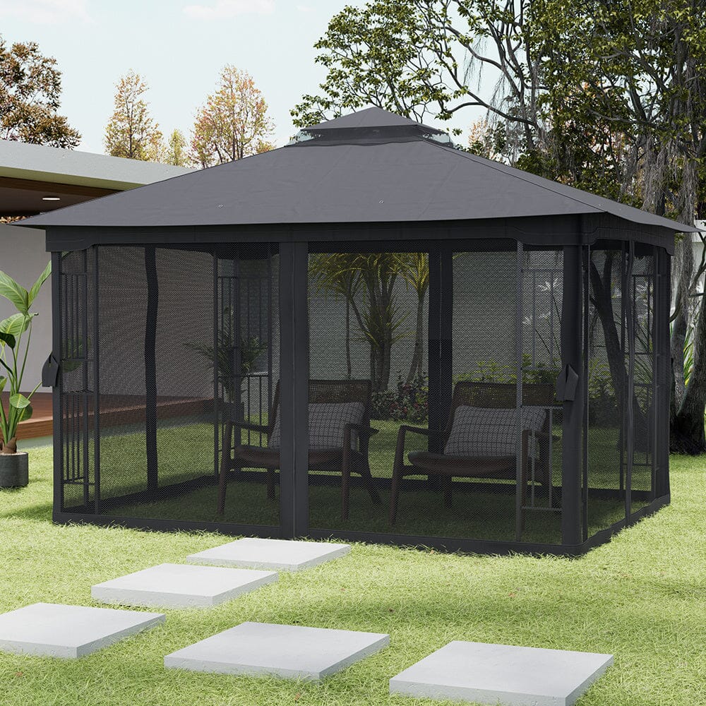 Premium Iron Outdoor Pergola with Sheer Charcoal Gray Screens Living and Home