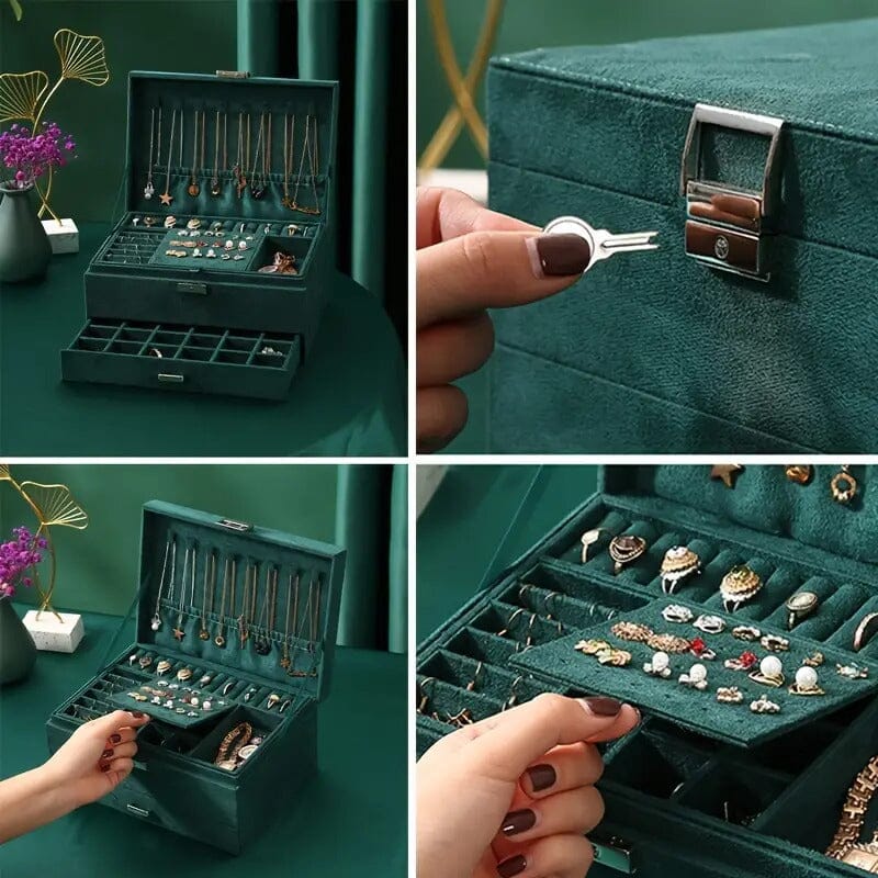 3-Tier Dark Green Velvet Jewellery Box with Lock Jewellery Boxes Living and Home