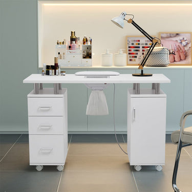 120cm Wide White Professional Manicure Station Nail Table on Wheels with Dust Collector Dressing Tables Living and Home