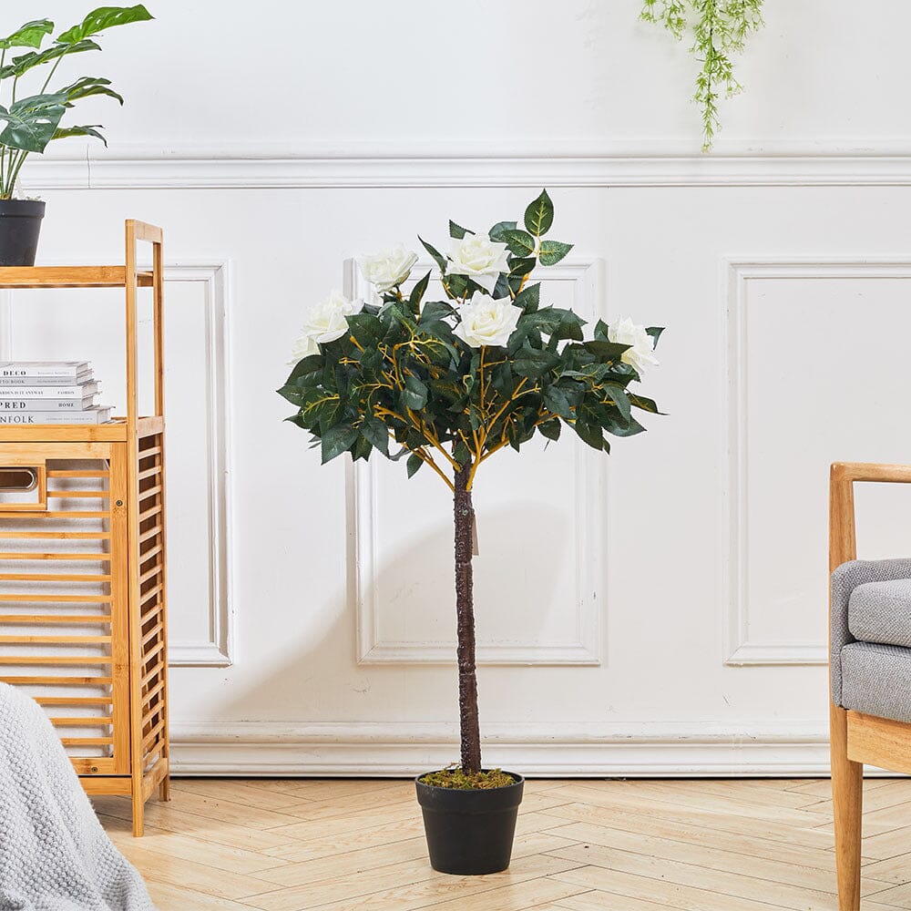 Artificial Rose Flower Tree in Pot Artificial Plants Living and Home Green/White: 90cm H