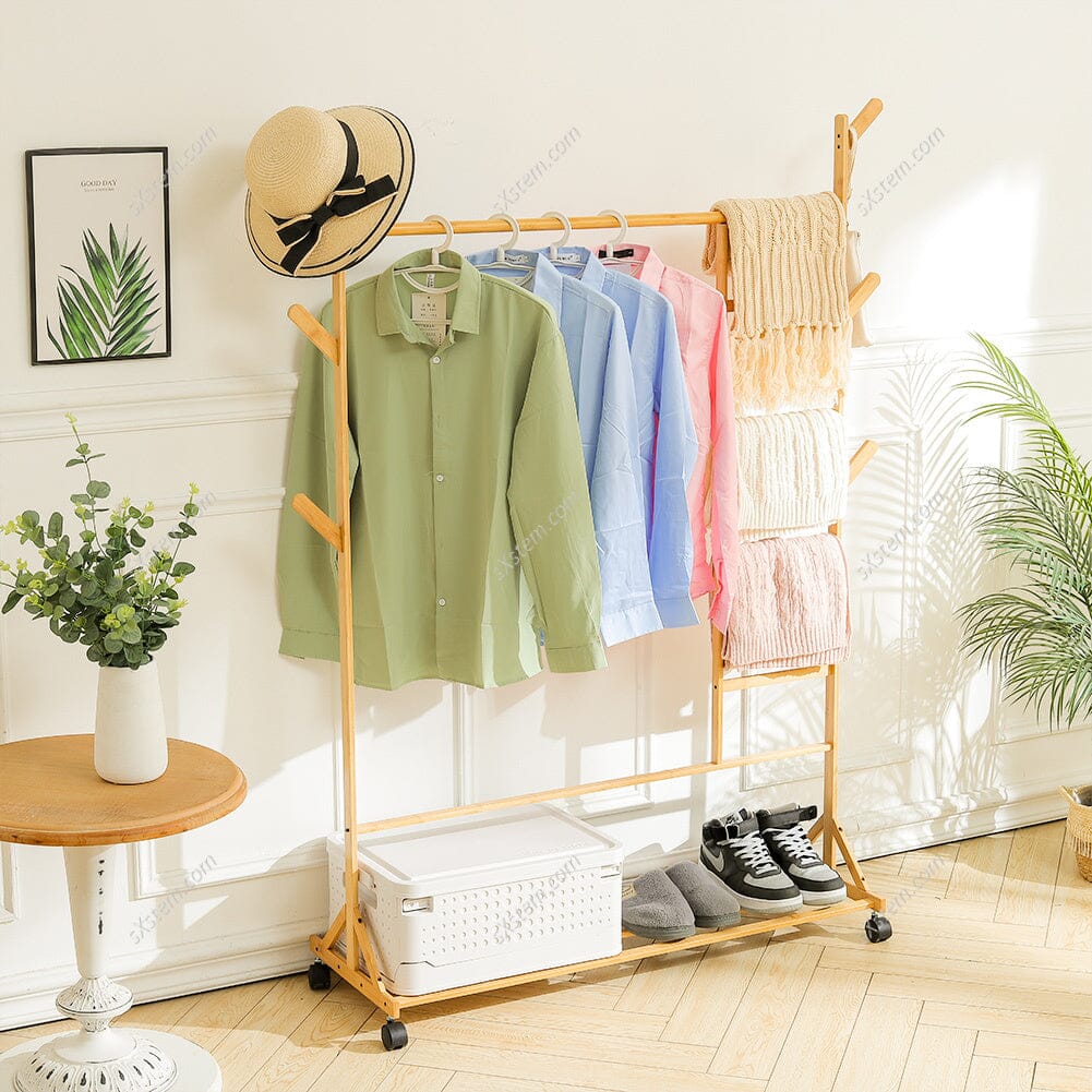 Bamboo Clothes Rack with Bottom Shelf Shoe Clothing Organizer Living and Home