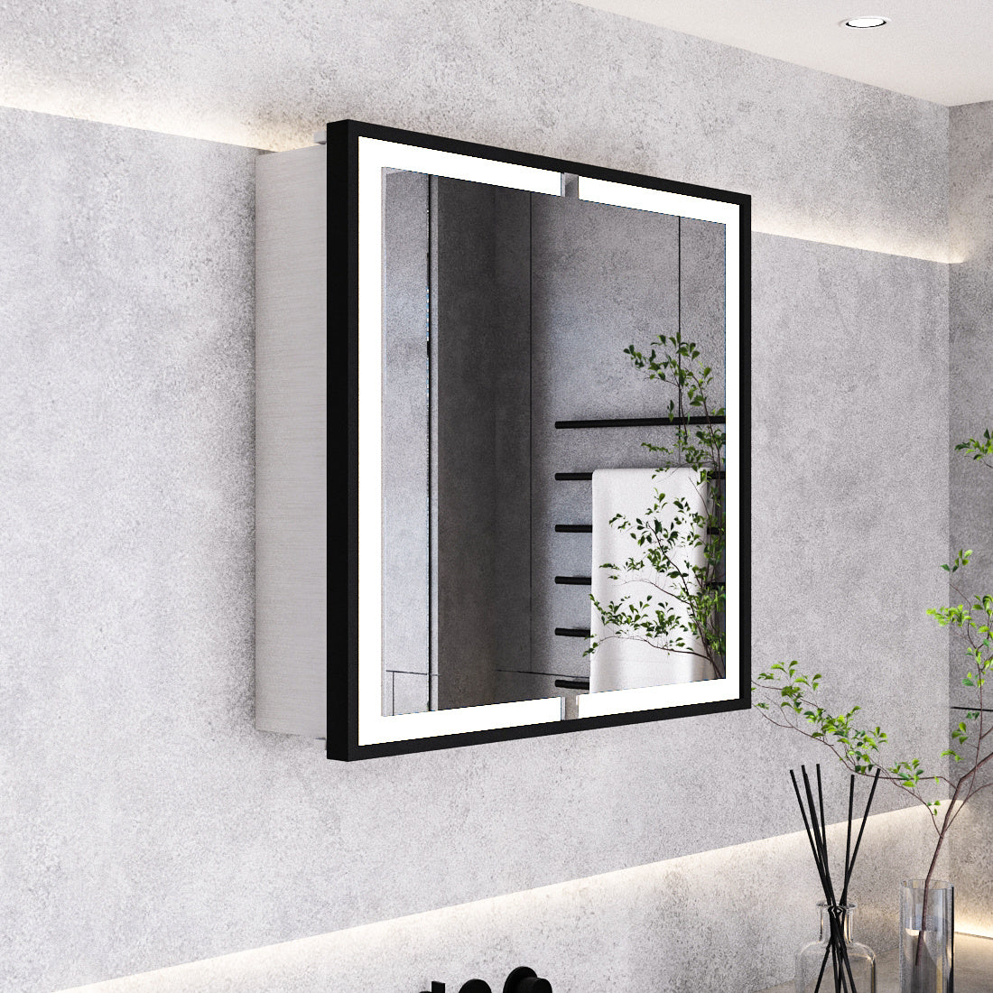 65W*60Hcm LED Mirror Cabinet Double Door Bathroom Mirror Cabinet Living and Home