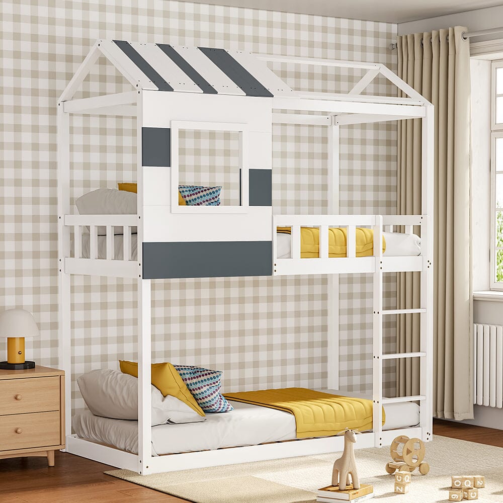 Modern Twin Bunk Bed Slatted Board House Shaped Living and Home