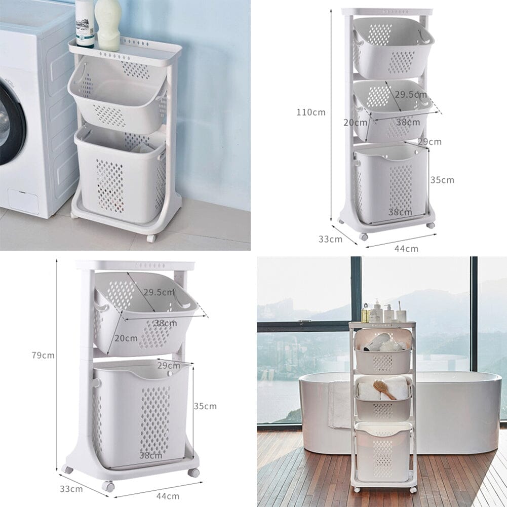 2/3-Tier Bathroom Plastic Storage Trolley Laundry Basket Laundry Baskets Living and Home