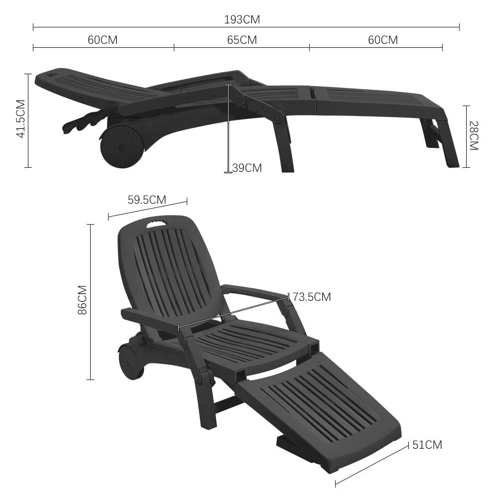 193cm D Outdoor Folding Lounge Chair Recliner with Wheels Sunloungers Living and Home
