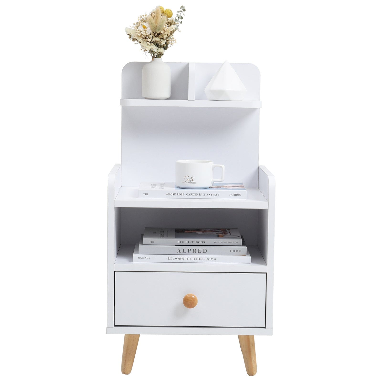 White Wooden Bedside Table with Wooden Legs and Drawers Cabinets Living and Home