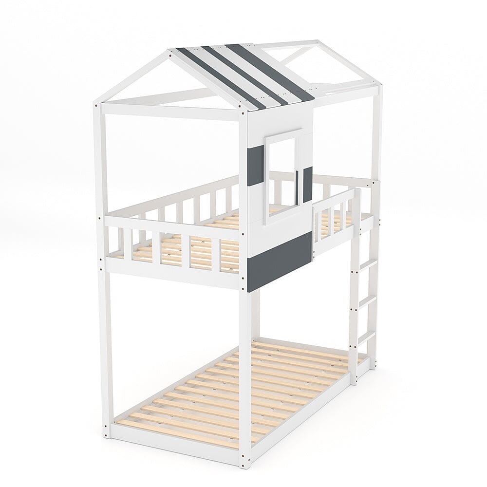 Modern Twin Bunk Bed Slatted Board House Shaped Living and Home