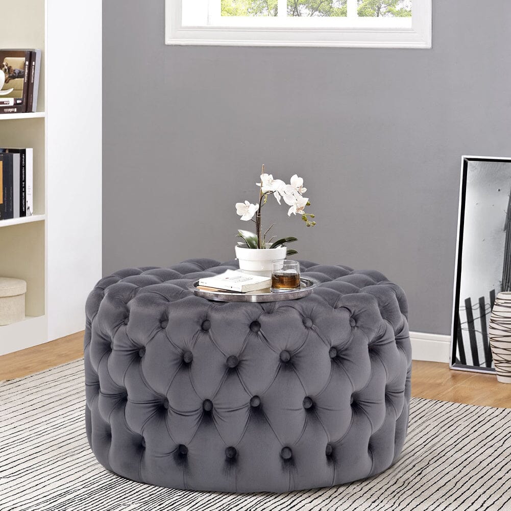 Round Velvet Upholstered Buttoned Footstool Living and Home