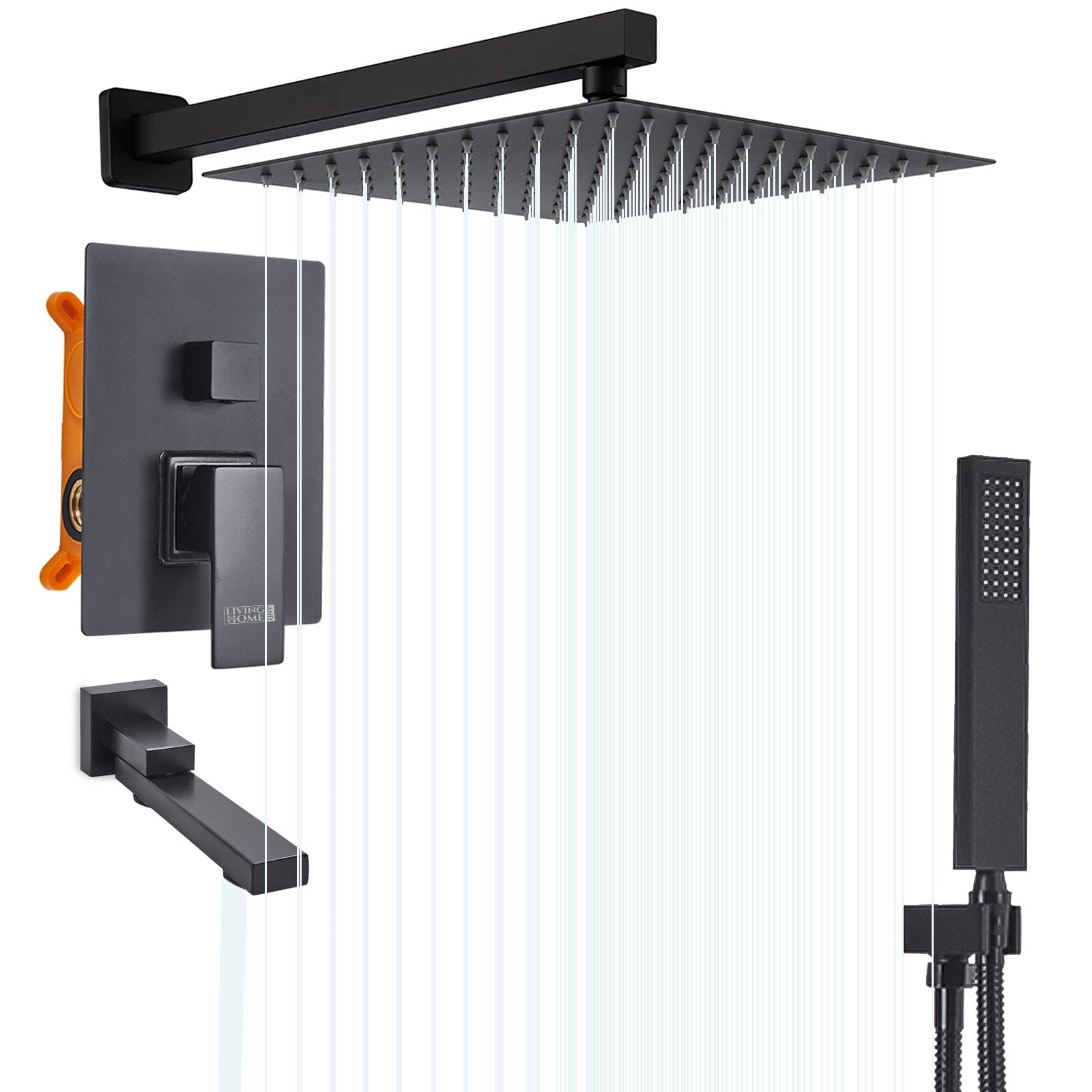 Sliver/Black Chrome Plated Square Concealed Showerhead and Handshower Mixer Set Shower Systems Living and Home