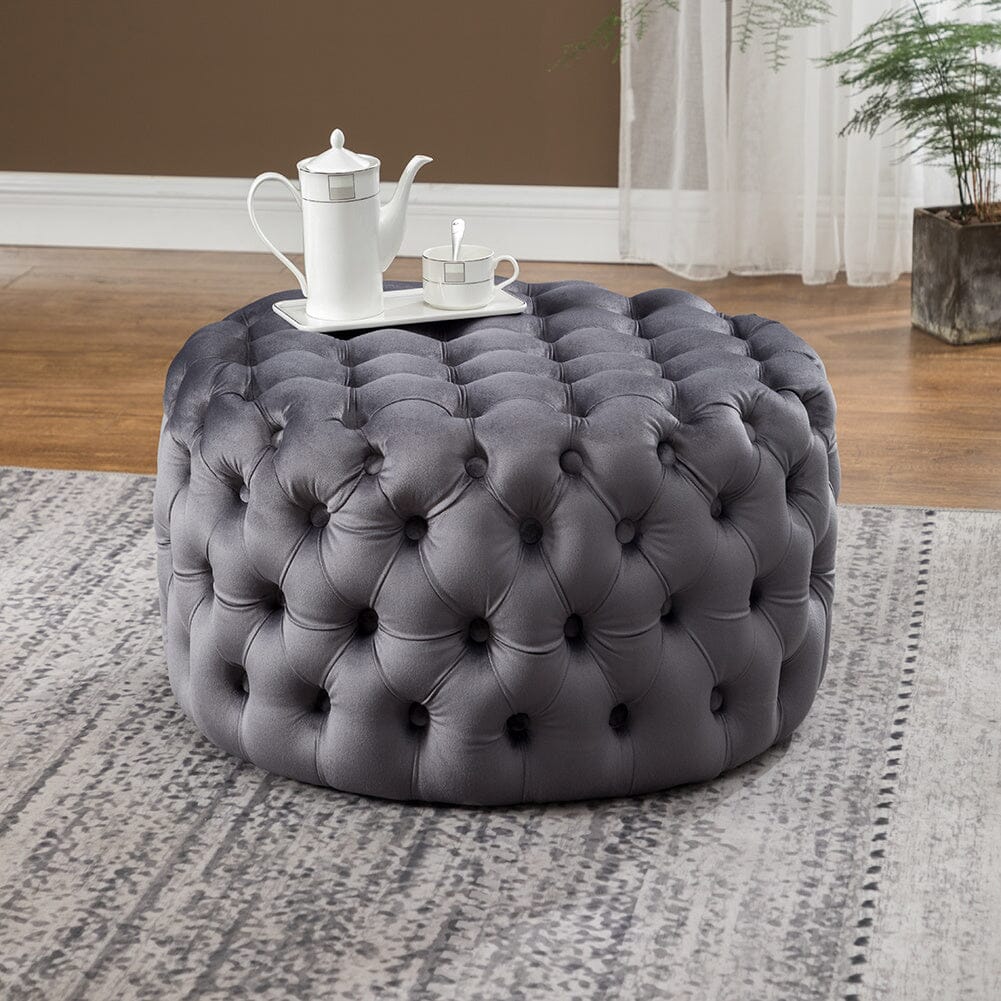 Round Velvet Upholstered Buttoned Footstool Living and Home