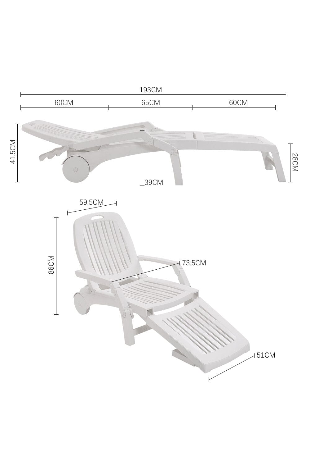 193cm D Outdoor Folding Lounge Chair Recliner with Wheels Sunloungers Living and Home