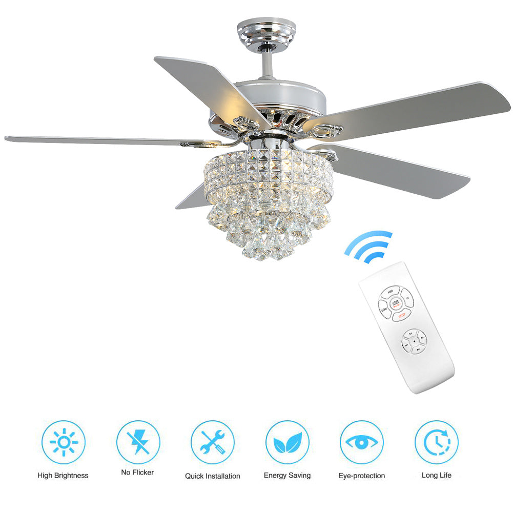 Chrome Ceiling Fan 5 Blades LED Crystal Chandelier & Remote Control 52Inch Ceiling Light Living and Home