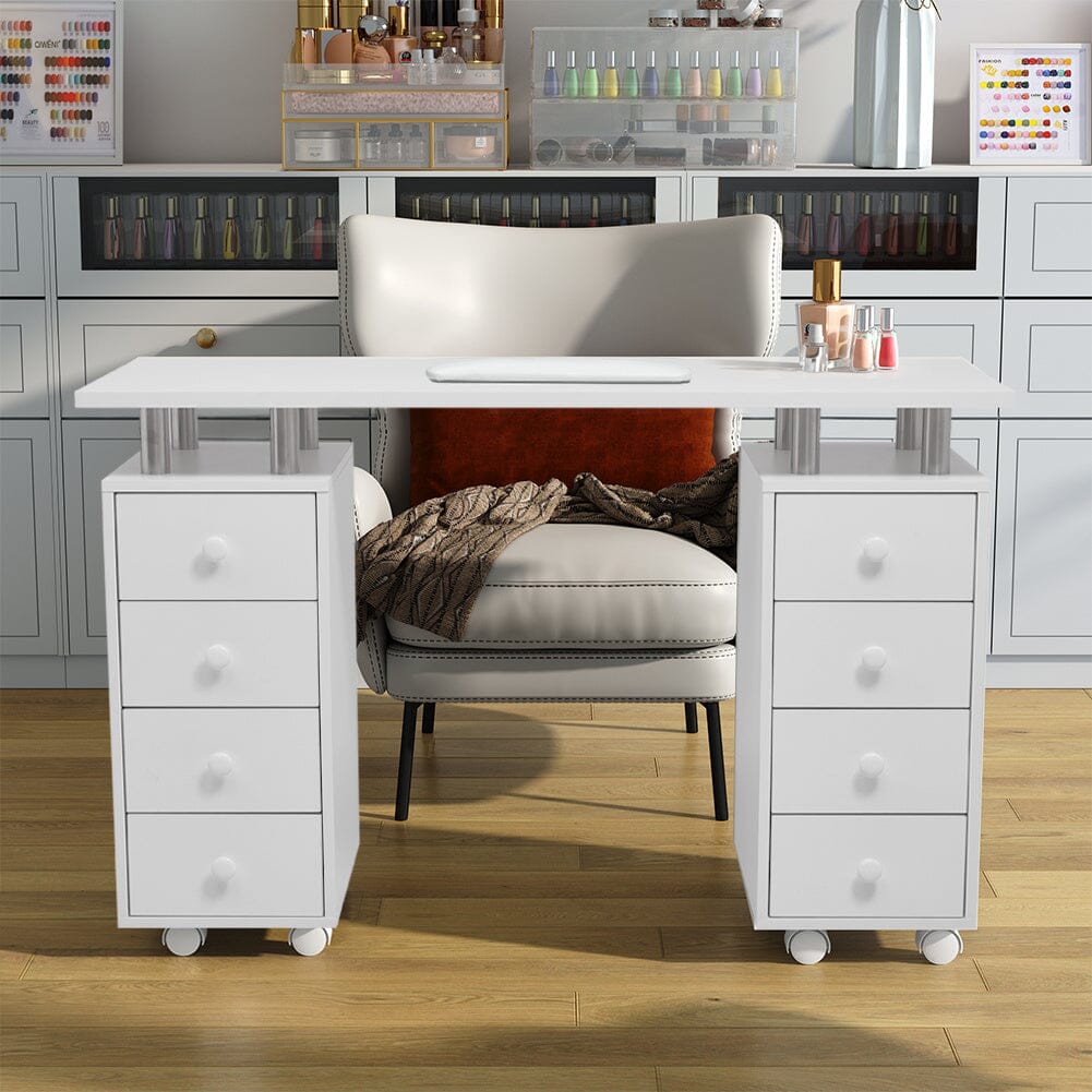 120cm Wide White Professional Manicure Table on Wheels with 8 Drawer Dressing Tables Living and Home