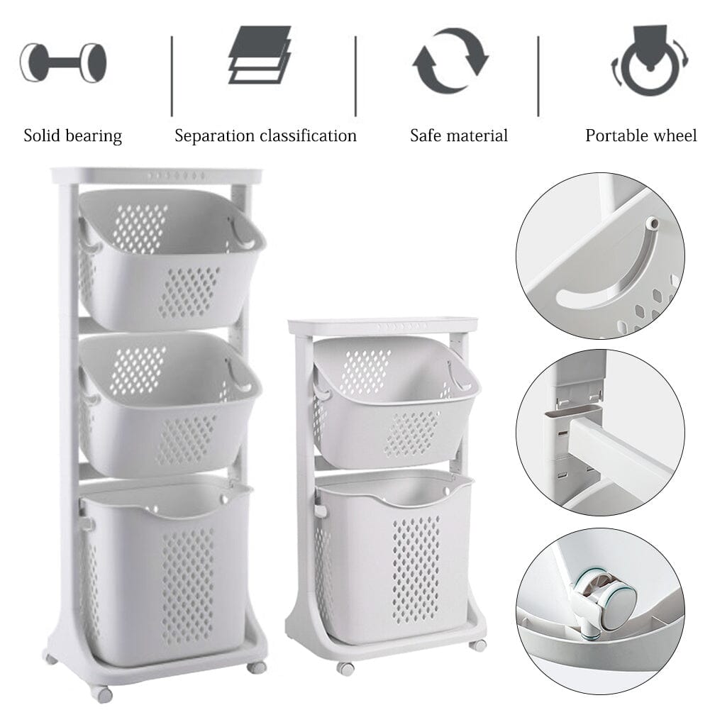 2/3-Tier Bathroom Plastic Storage Trolley Laundry Basket Laundry Baskets Living and Home