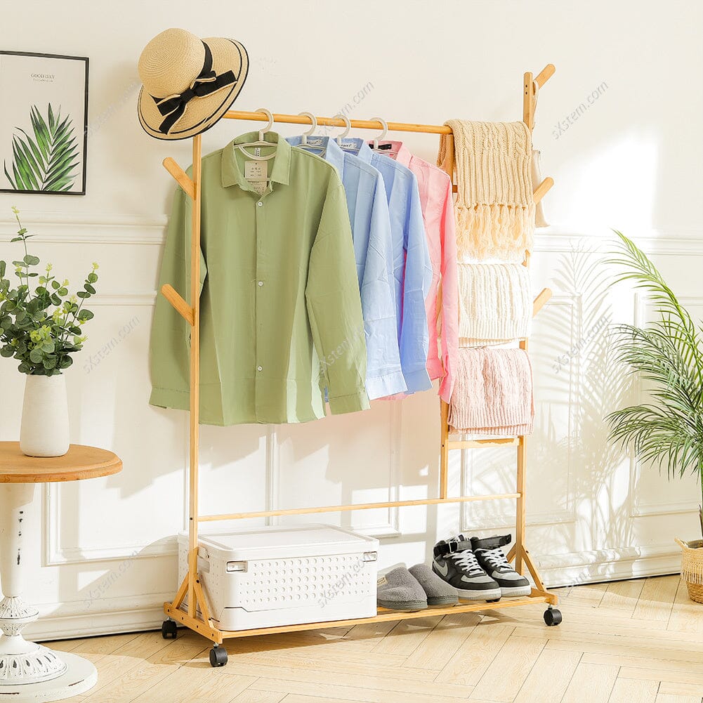 Bamboo Clothes Rack with Bottom Shelf Shoe Clothing Organizer Living and Home
