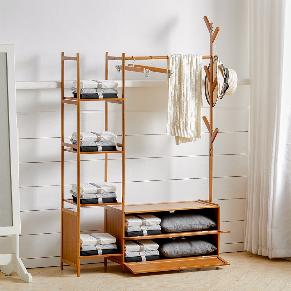Freestanding Bamboo Clothes Rack with Storage Shelves Living and Home