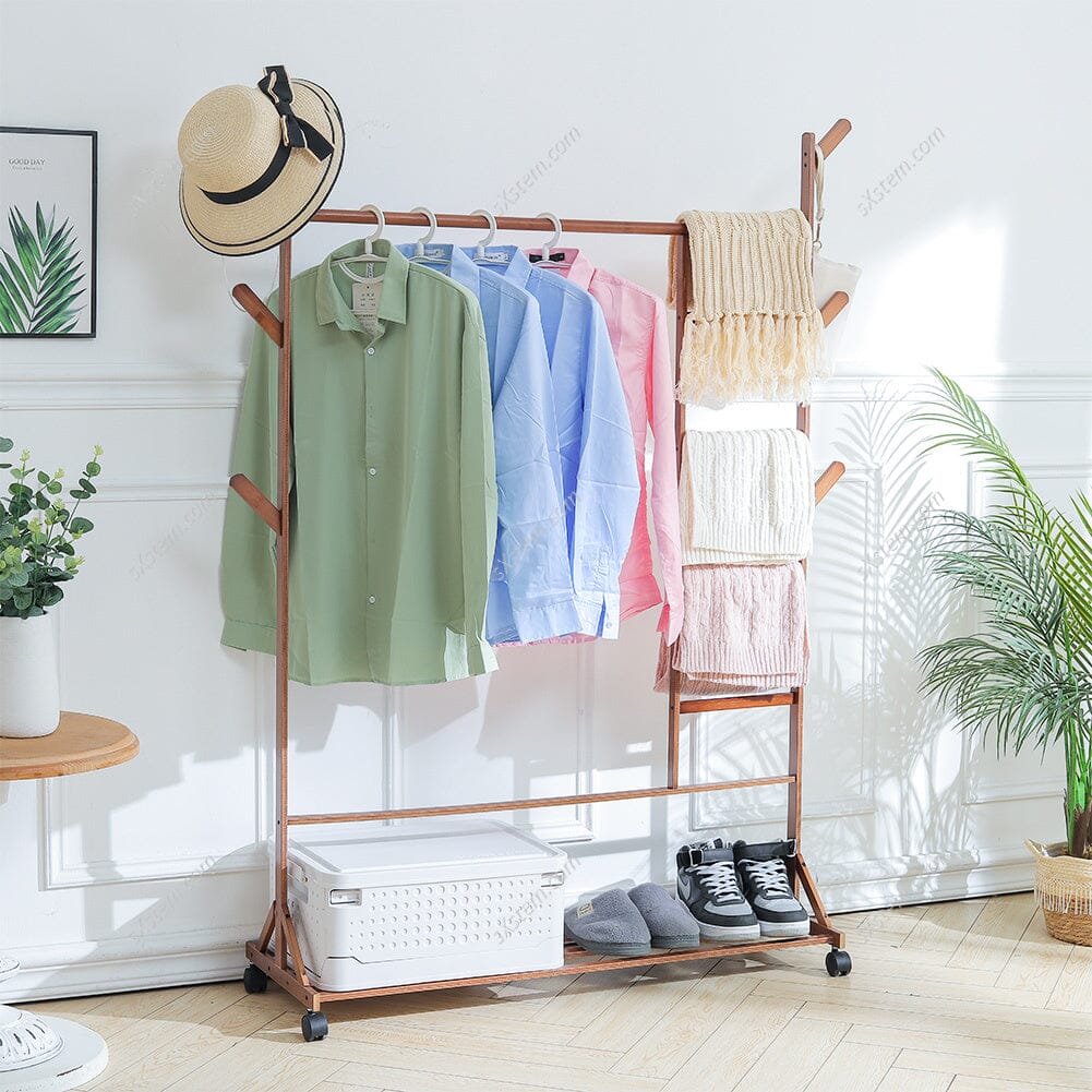 Bamboo Clothes Rack with Bottom Shelf Shoe Clothing Organizer Living and Home