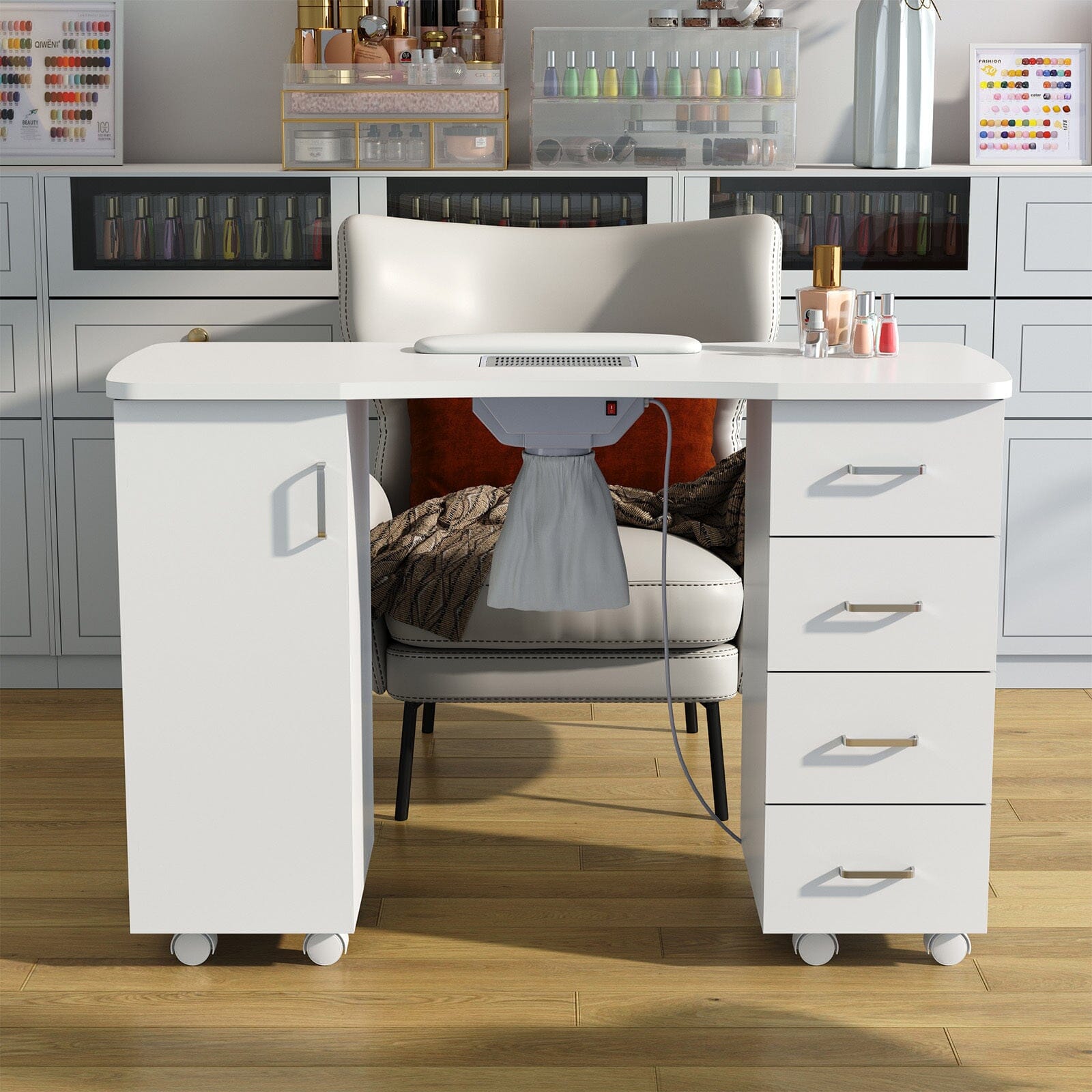 120cm Wide White Manicure Table with Dust Collector and Wrist Cushion Dressing Tables Living and Home