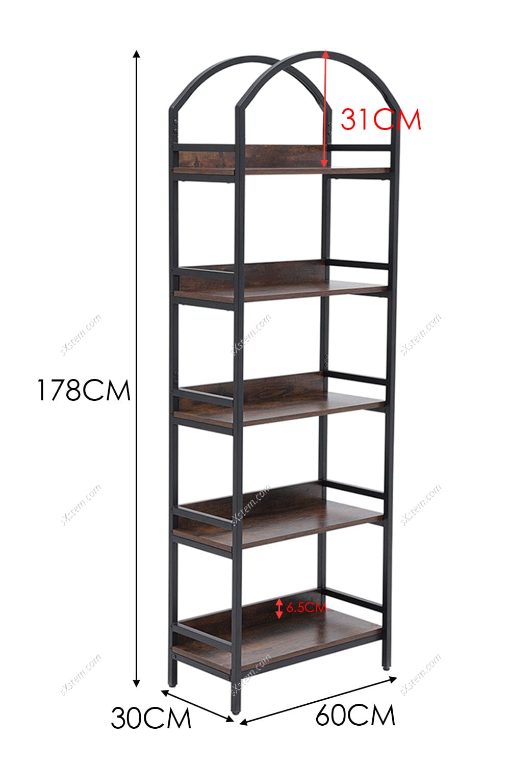 5-Tier Arched Wooden Bookcase Storage Shelf Living and Home