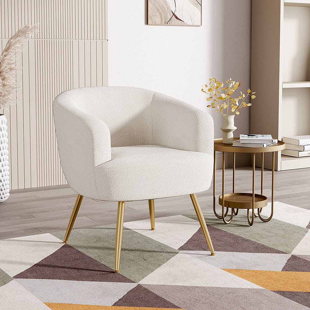 Boucle Teddy Fabric Armchair with Metal Legs White Tub Chairs Living and Home
