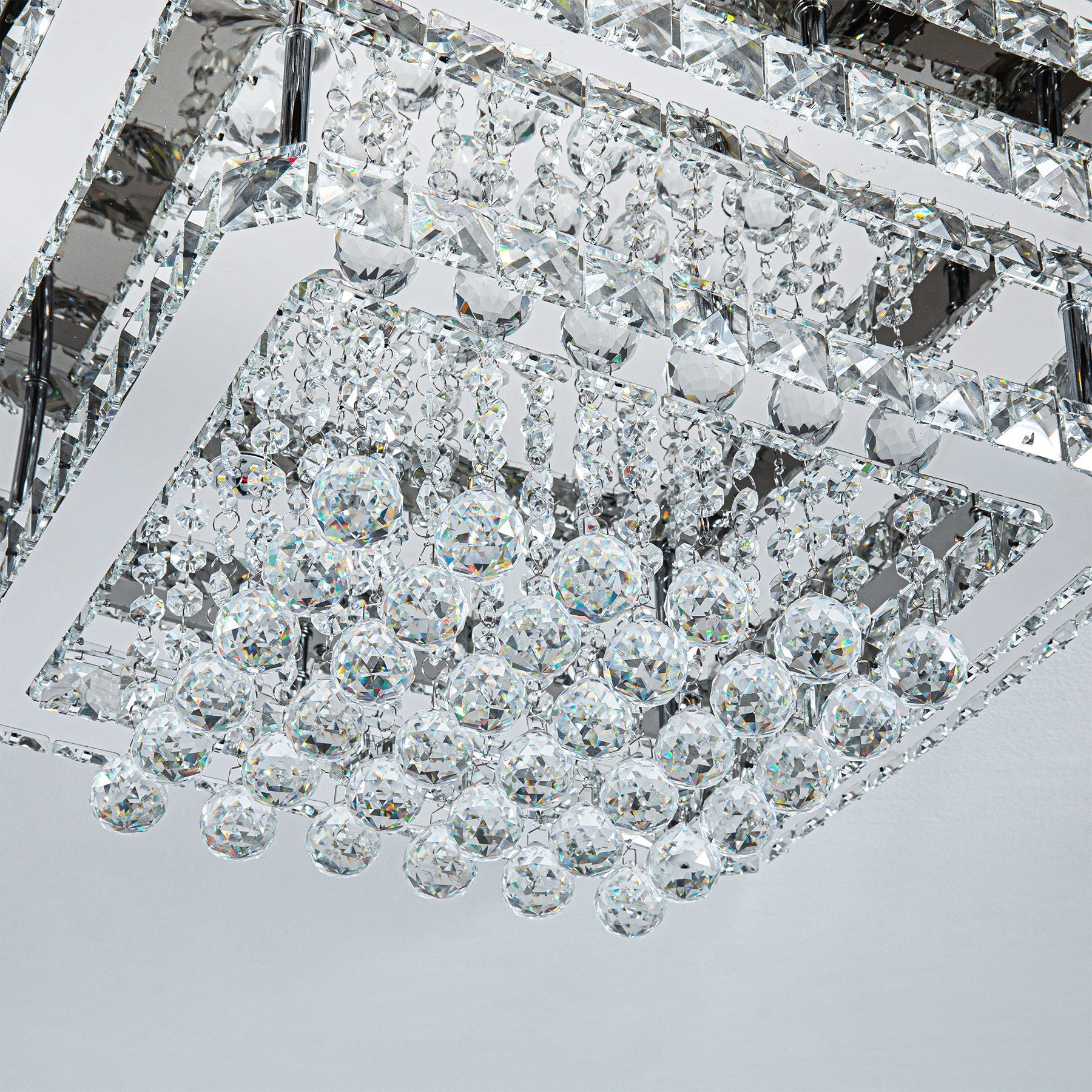 Double Layer Chrome Finished Square LED Ceiling Light with Luxury Crystal Ball Drops Ceiling Light Fixtures Living and Home