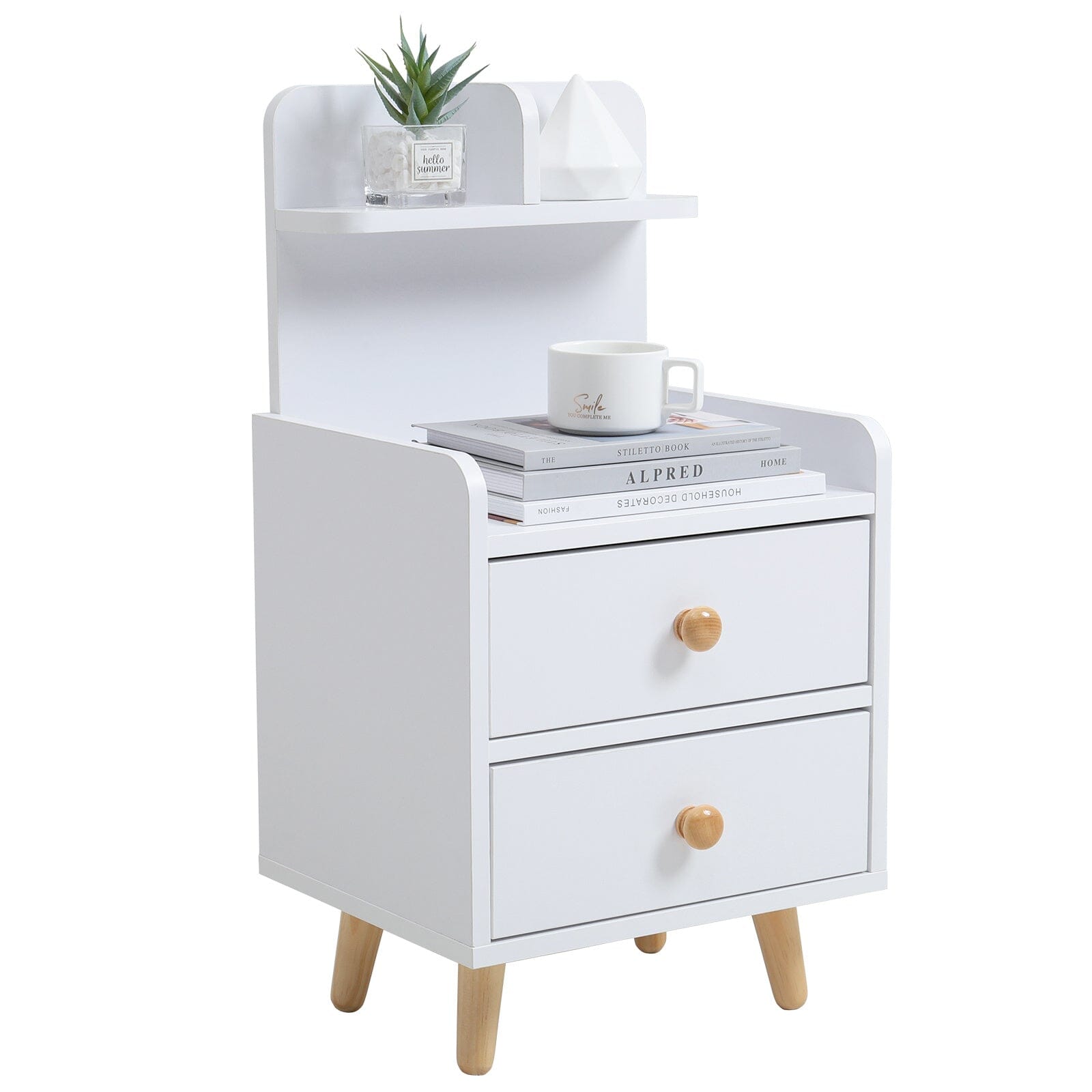 White Wooden Bedside Table with Wooden Legs and Drawers Cabinets Living and Home