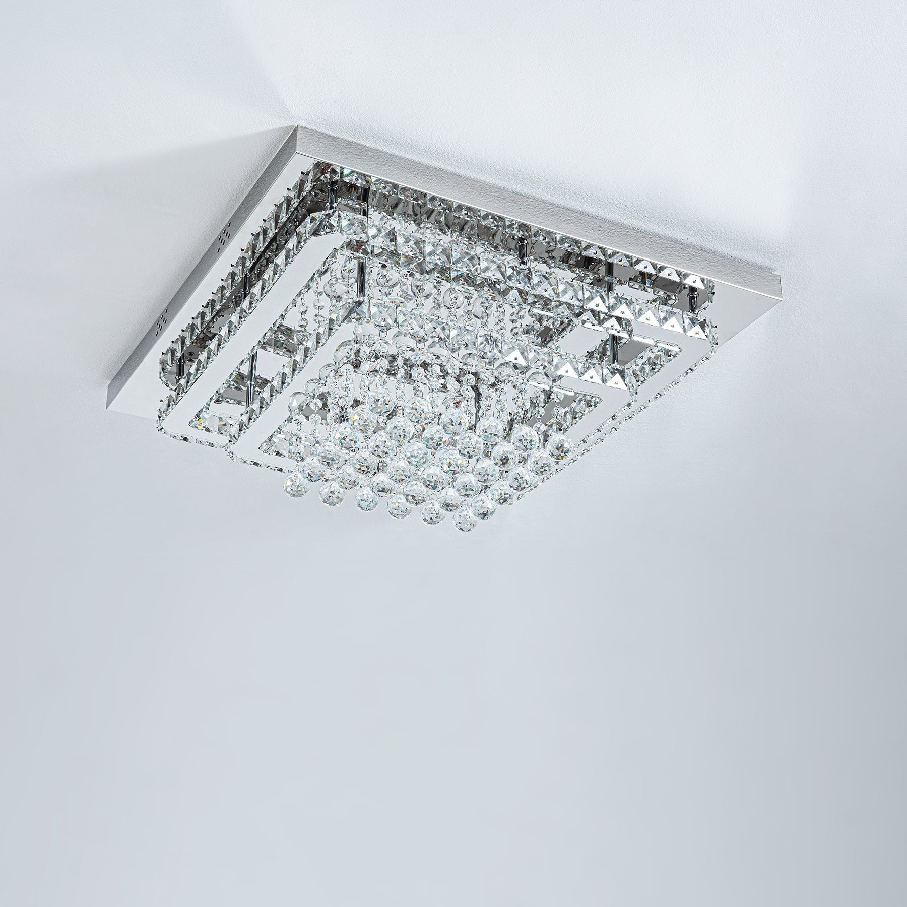Double Layer Chrome Finished Square LED Ceiling Light with Luxury Crystal Ball Drops Ceiling Light Fixtures Living and Home
