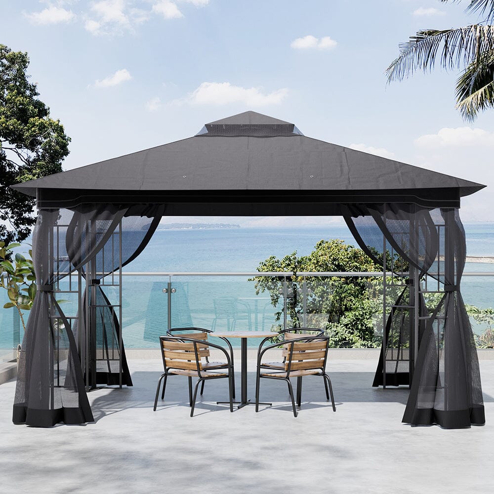 Premium Iron Outdoor Pergola with Sheer Charcoal Gray Screens Living and Home