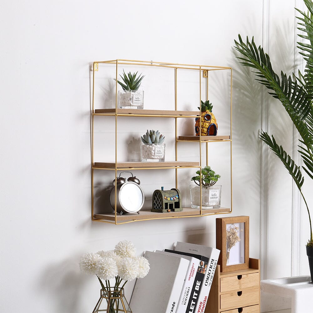 Stylish Square 4-Tier Wall Shelf with Golden Iron Rings �����������������������������������������������