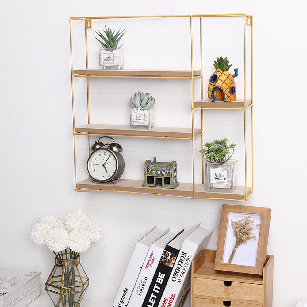 Stylish Square 4-Tier Wall Shelf with Golden Iron Rings �����������������������������������������������