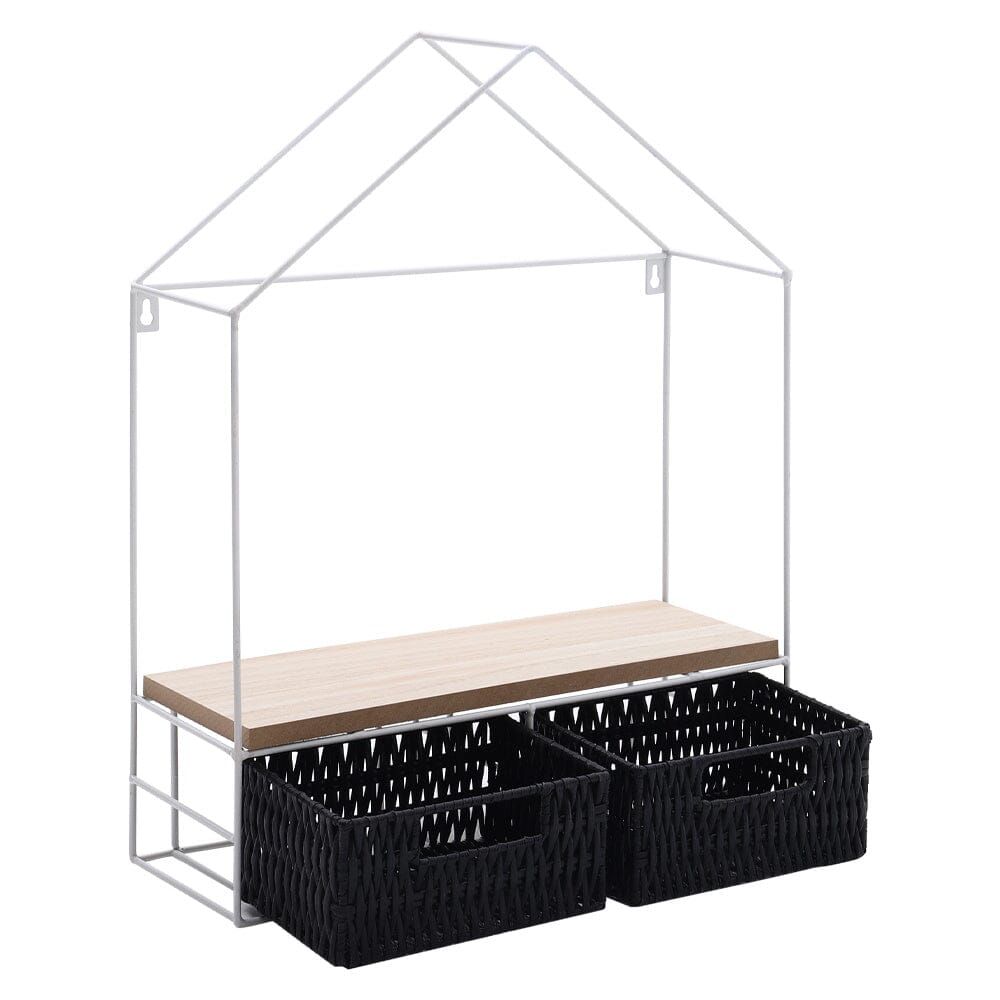Sleek Elongated 2-Tier Wall Shelf with White Iron Rings �����������������������������������������������