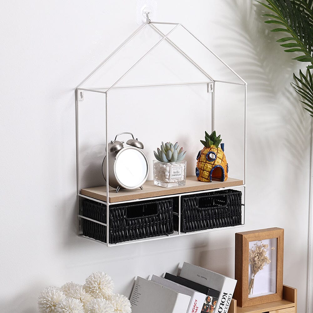 Sleek Elongated 2-Tier Wall Shelf with White Iron Rings �����������������������������������������������