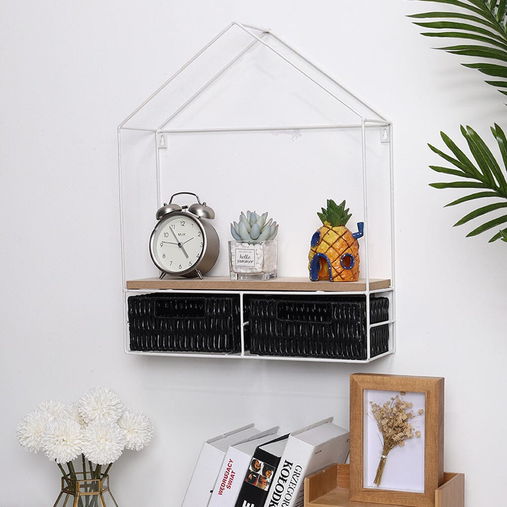 Sleek Elongated 2-Tier Wall Shelf with White Iron Rings �����������������������������������������������