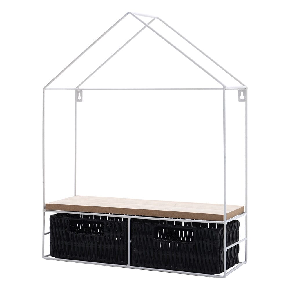 Sleek Elongated 2-Tier Wall Shelf with White Iron Rings �����������������������������������������������