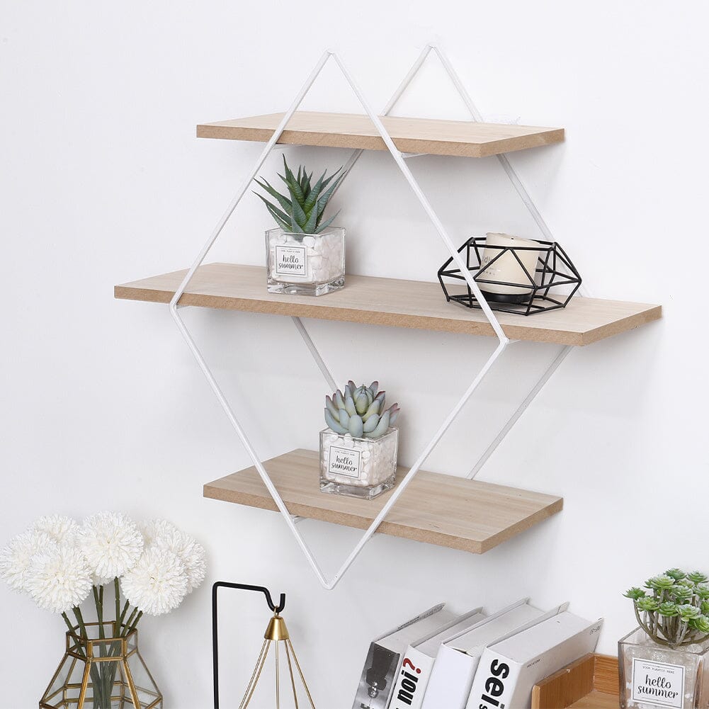 Stylish Diamond 3-Tier Wall Shelf with White Iron Rings �����������������������������������������������