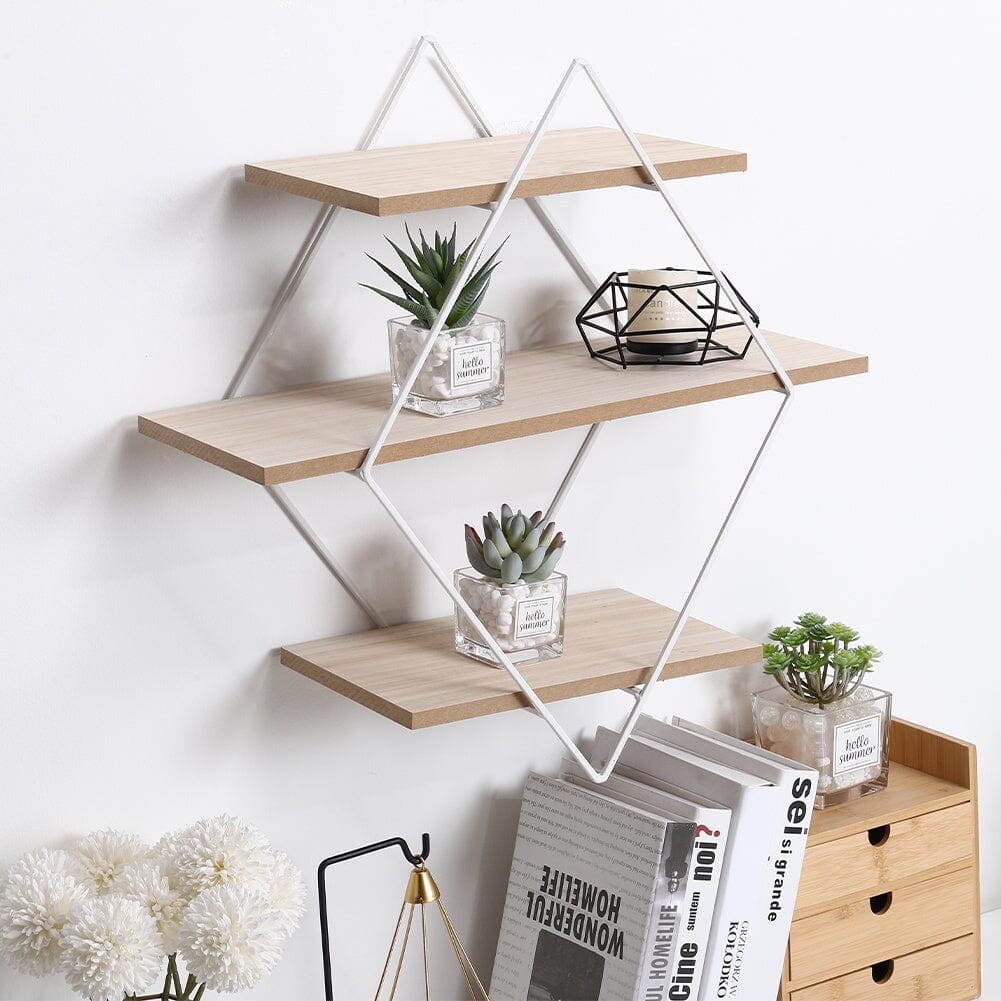 Stylish Diamond 3-Tier Wall Shelf with White Iron Rings �����������������������������������������������