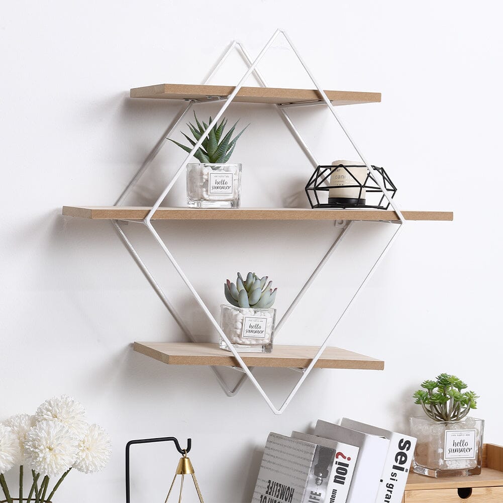 Stylish Diamond 3-Tier Wall Shelf with White Iron Rings �����������������������������������������������