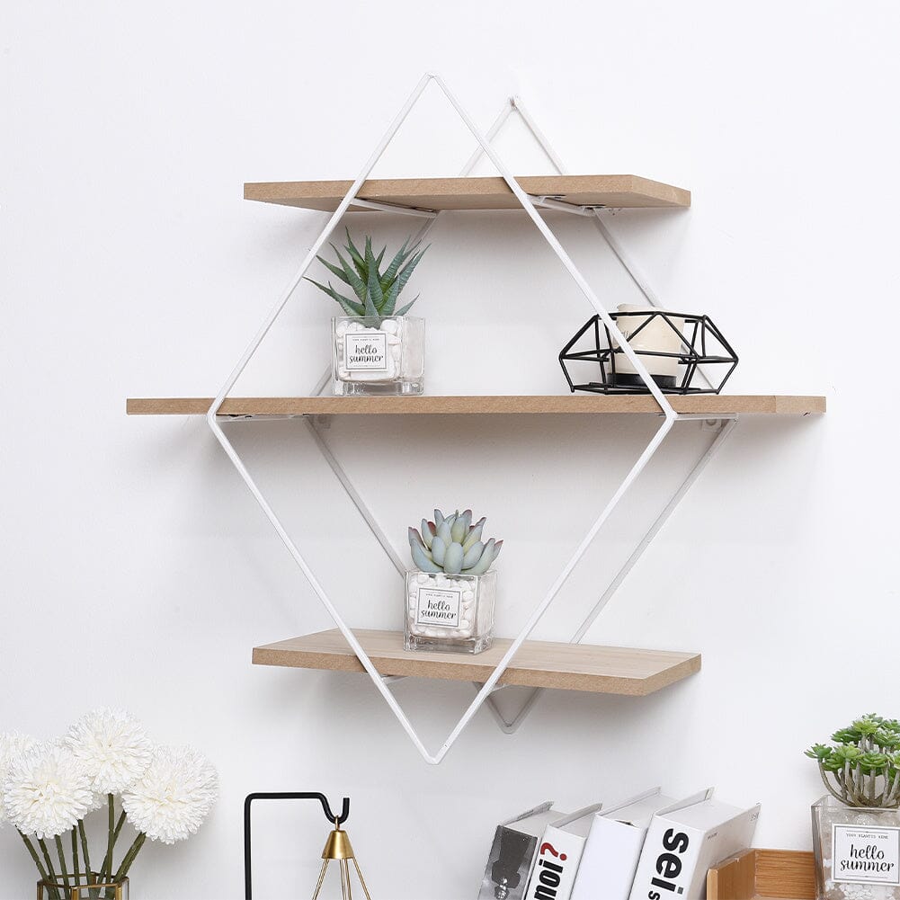 Stylish Diamond 3-Tier Wall Shelf with White Iron Rings �����������������������������������������������
