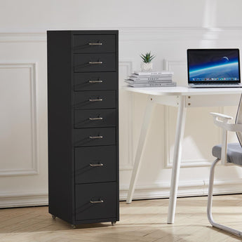 8 Drawers Black Vertical File Cabinet with Wheels