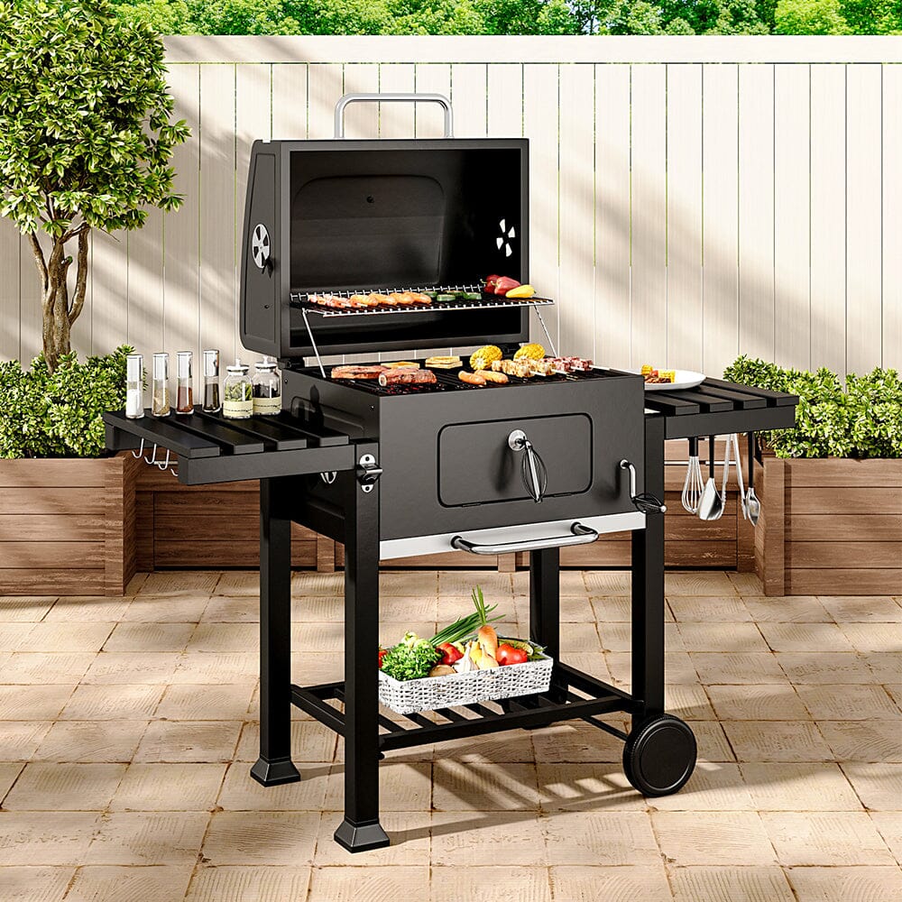 Portable Smoker 33.8" Barrel Charcoal Grill With Side Table - Portable Vertical Smoker Grill With Wheels, Adjustable Charcoal Pan, Thermometer - For Patio, Backyard, Camping Offset Smoker Grill