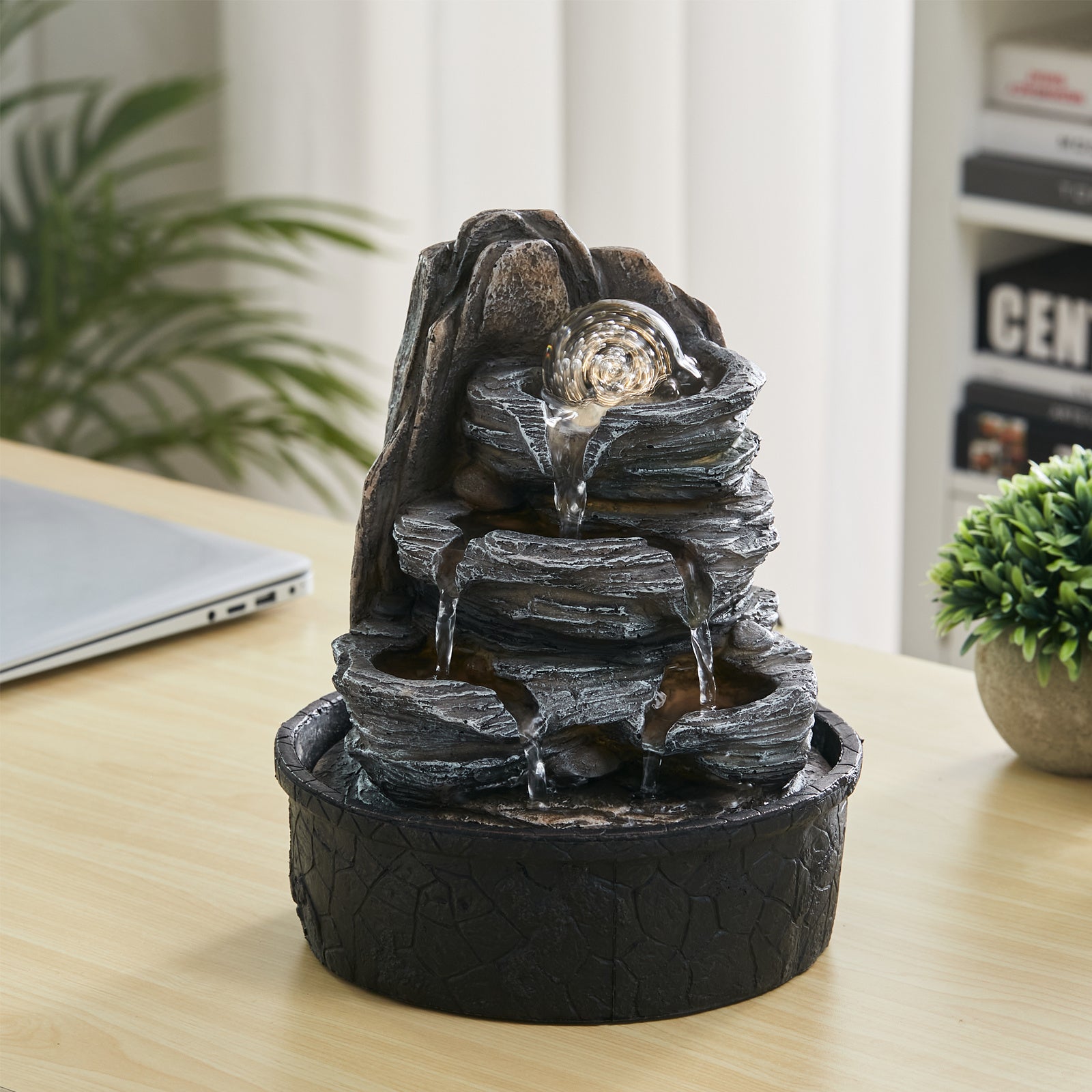 Tiered Rock Cascading Tabletop Water Fountain with LED Crystal Ball Fountains & Waterfalls Living and Home