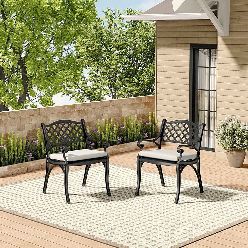 Set of 2 Garden Chairs Cast Aluminium Armchairs with Cushion Black/White Patio Side Chairs Living and Home