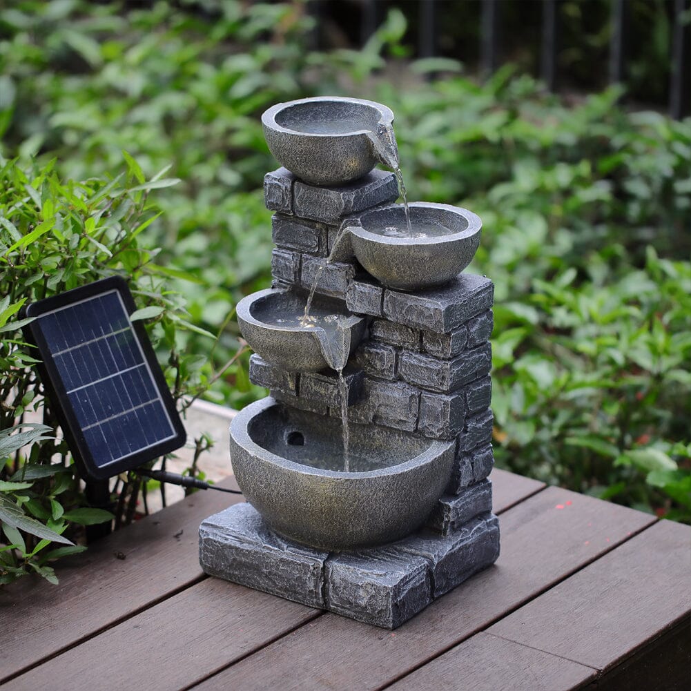 4 Tiers Rustic Solar Water Fountain with LED Lights Fountains Living and Home