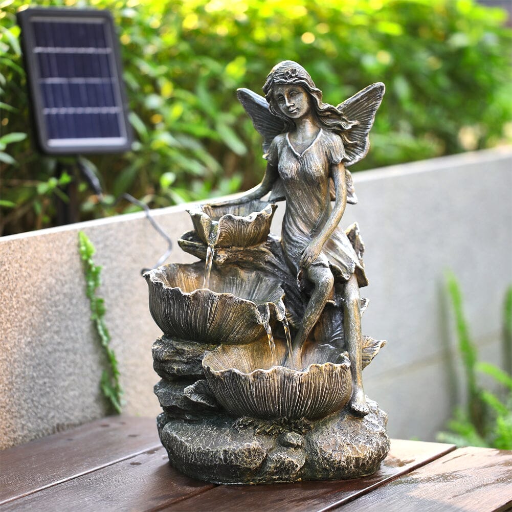 Fairy Solar Resin Water Fountain with LED Lights Fountains Living and Home