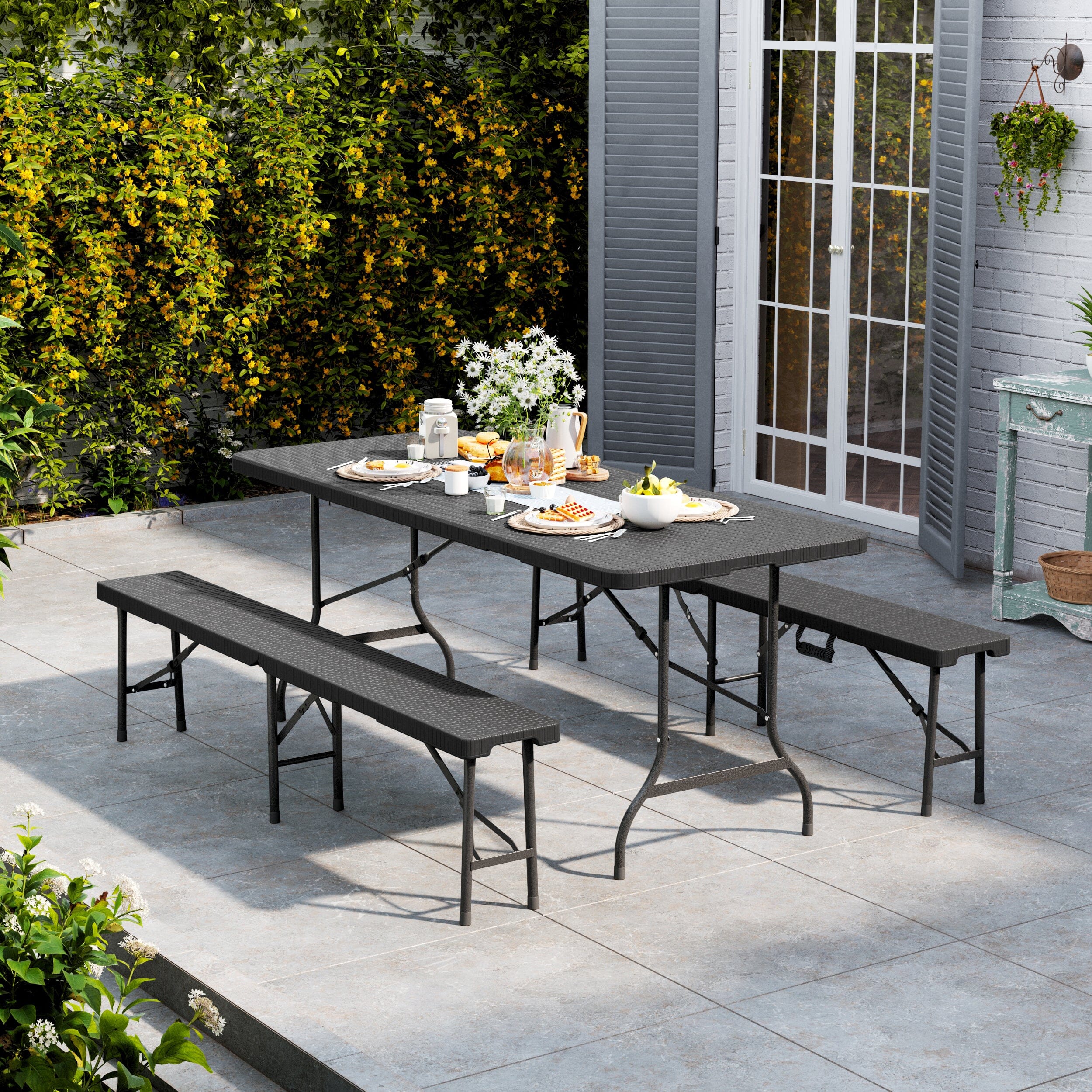Portable Outdoor Folding Table - Rattan Plastic, Black Collapsible Design Foldtable table Living and Home