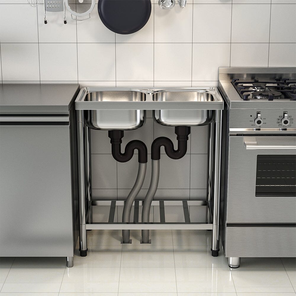 Two Compartment Stainless Steel Sink with Shelf Kitchen Sinks Living and Home