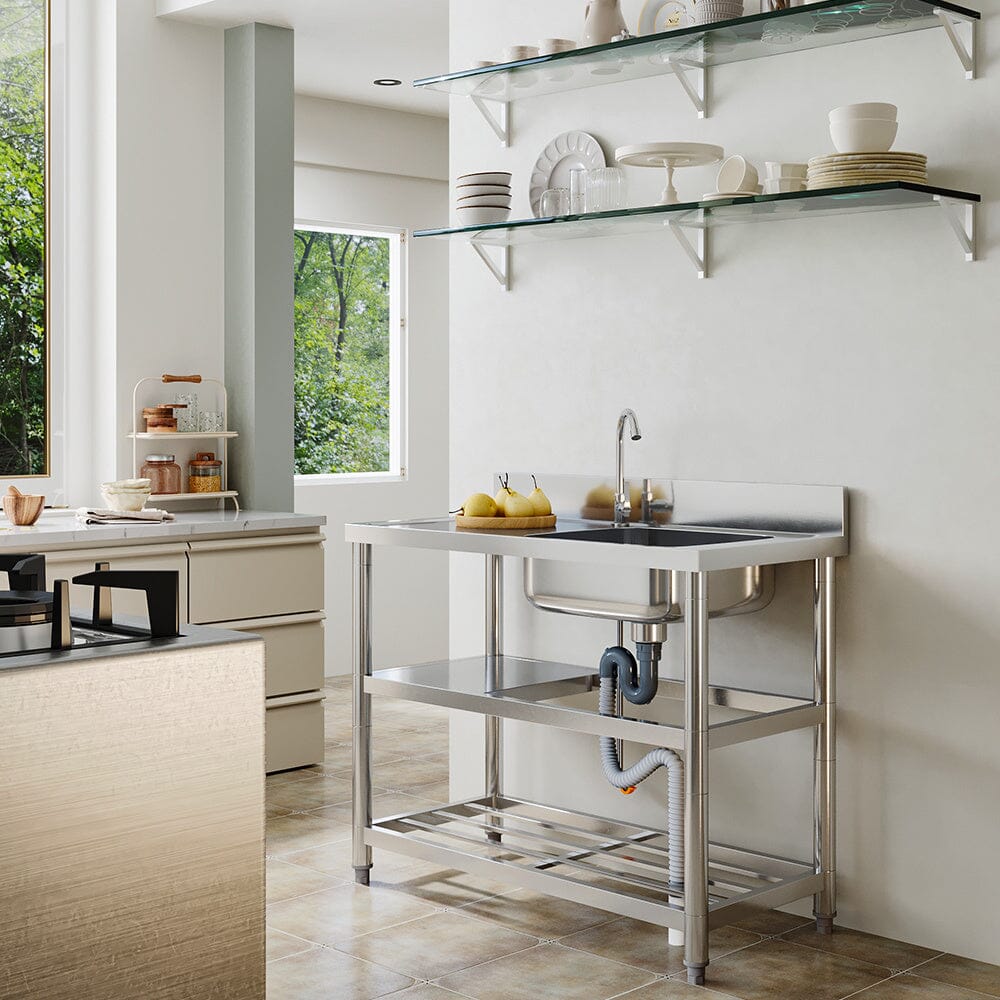 Stainless Steel One Compartment Sink with Shelves Living and Home
