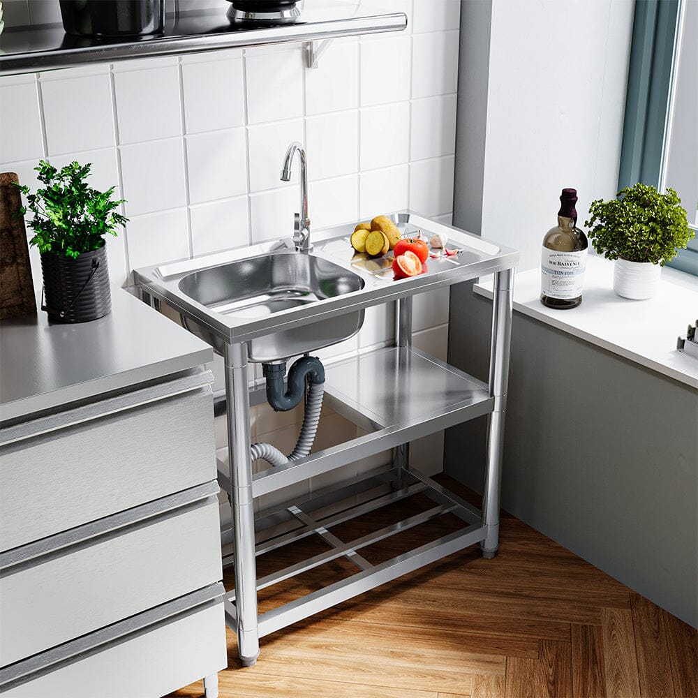 Stainless Steel One Compartment Sink with Shelves and Drainboard Living and Home