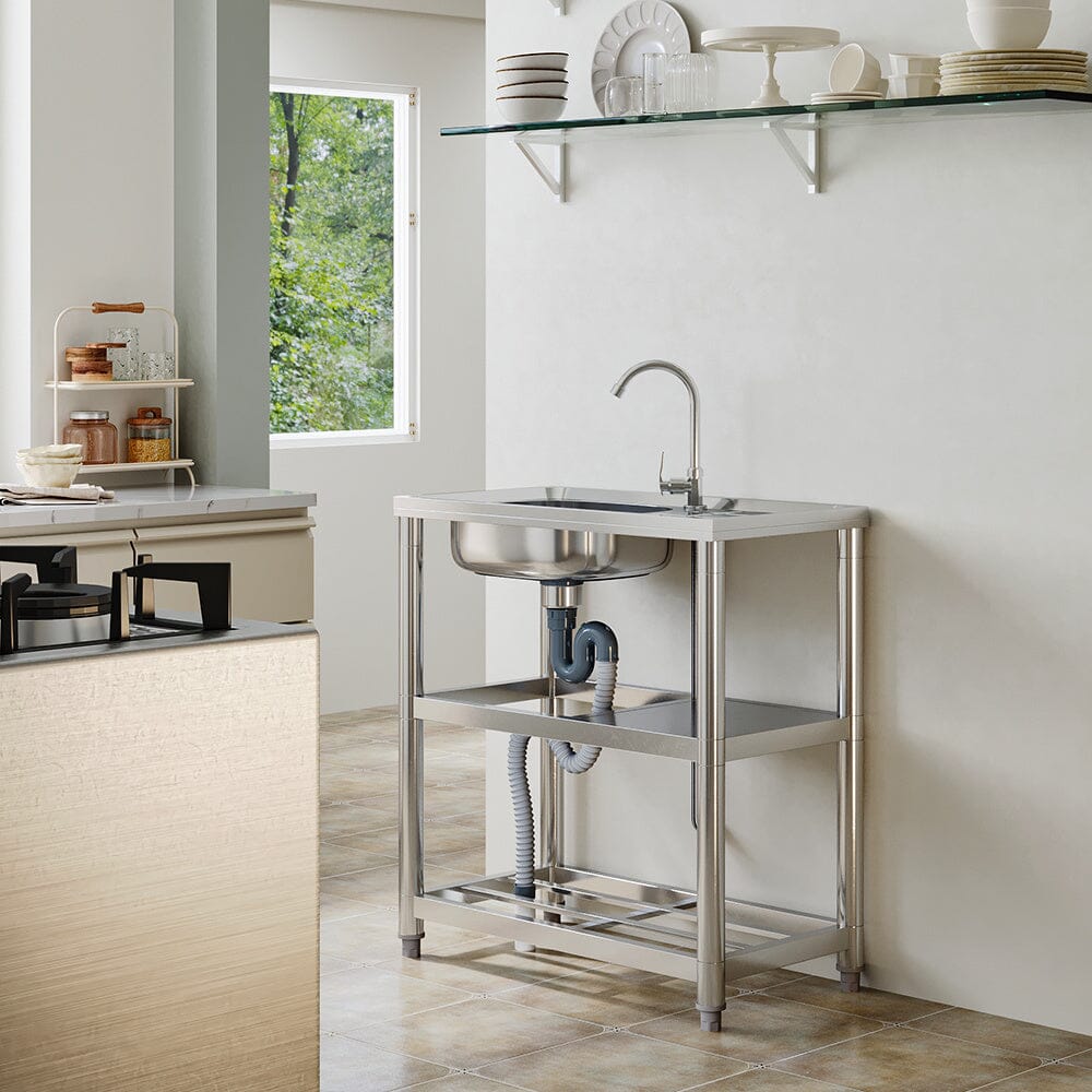 Stainless Steel One Compartment Sink with Shelves and Drainboard Living and Home