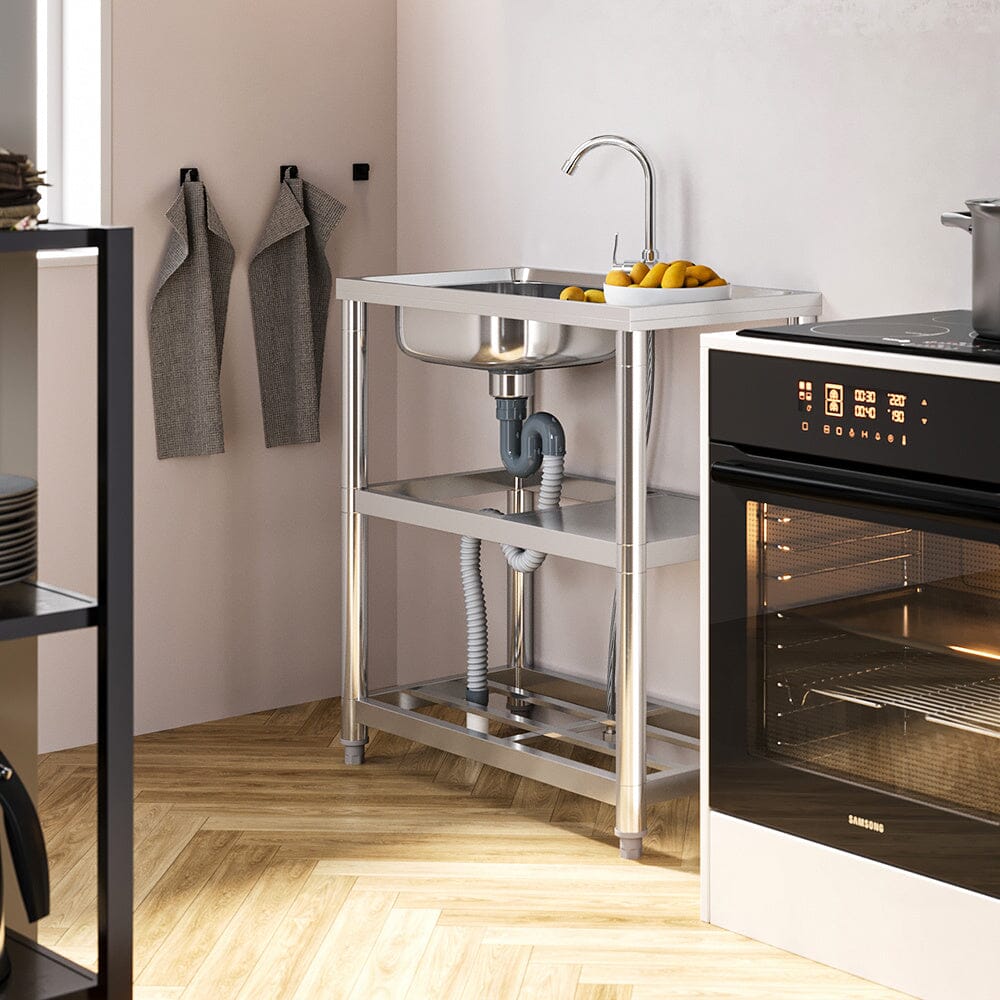 Stainless Steel One Compartment Sink with Shelves and Drainboard Living and Home